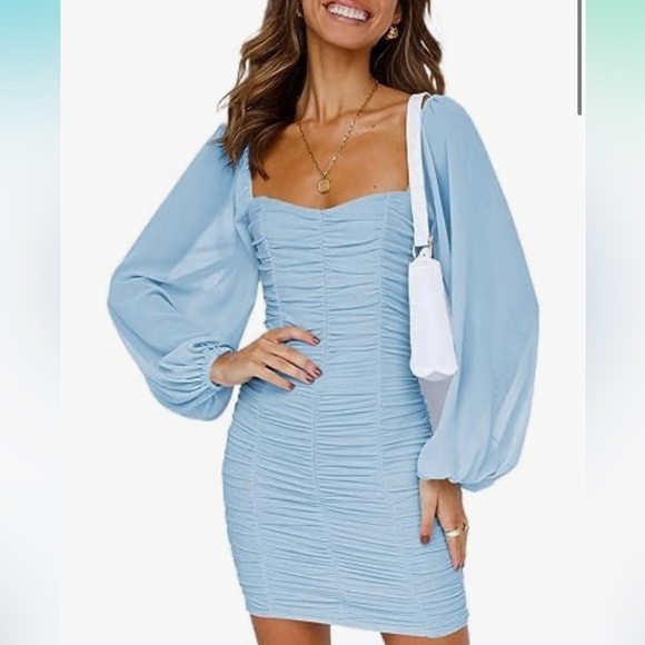 Hello Molly ruched front dress puff sheer sleeves light blue size 4 - Picture 1 of 6